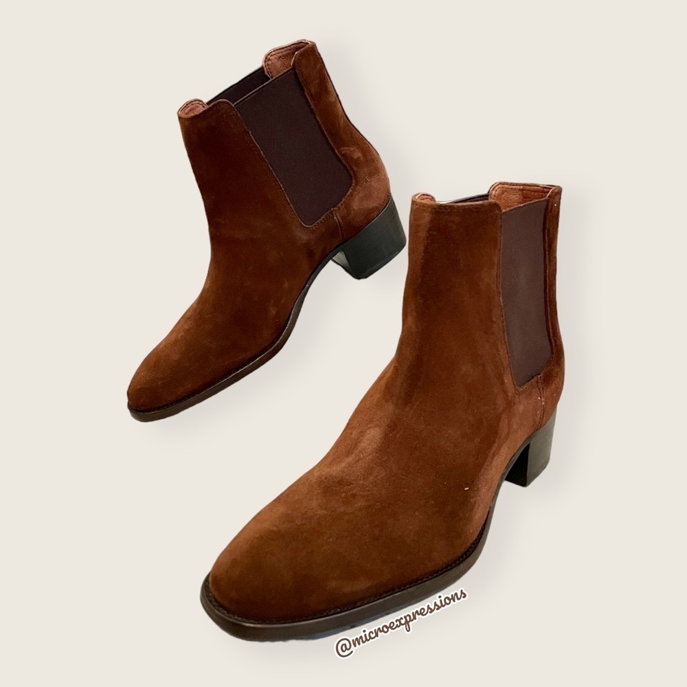 $359 Frye Dara Genuine Leather Brown Oiled Suede Chelsea Low Heel Ankle Boots - Picture 14 of 16